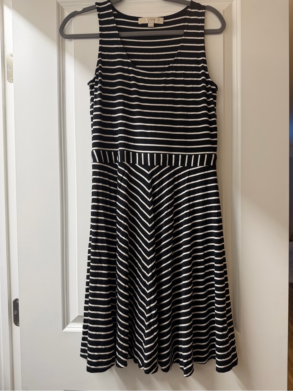 LOFT Black and White Striped Sleeveless Fit-and-Flare Dress
